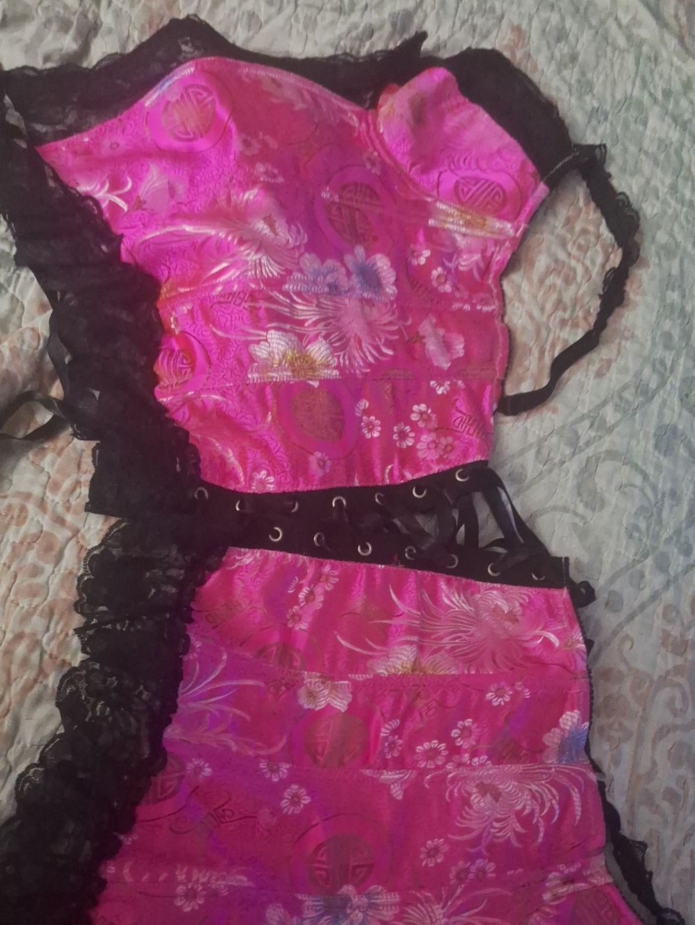Source Unknown Hot Pink Satin Chemise with Black Lace Trim